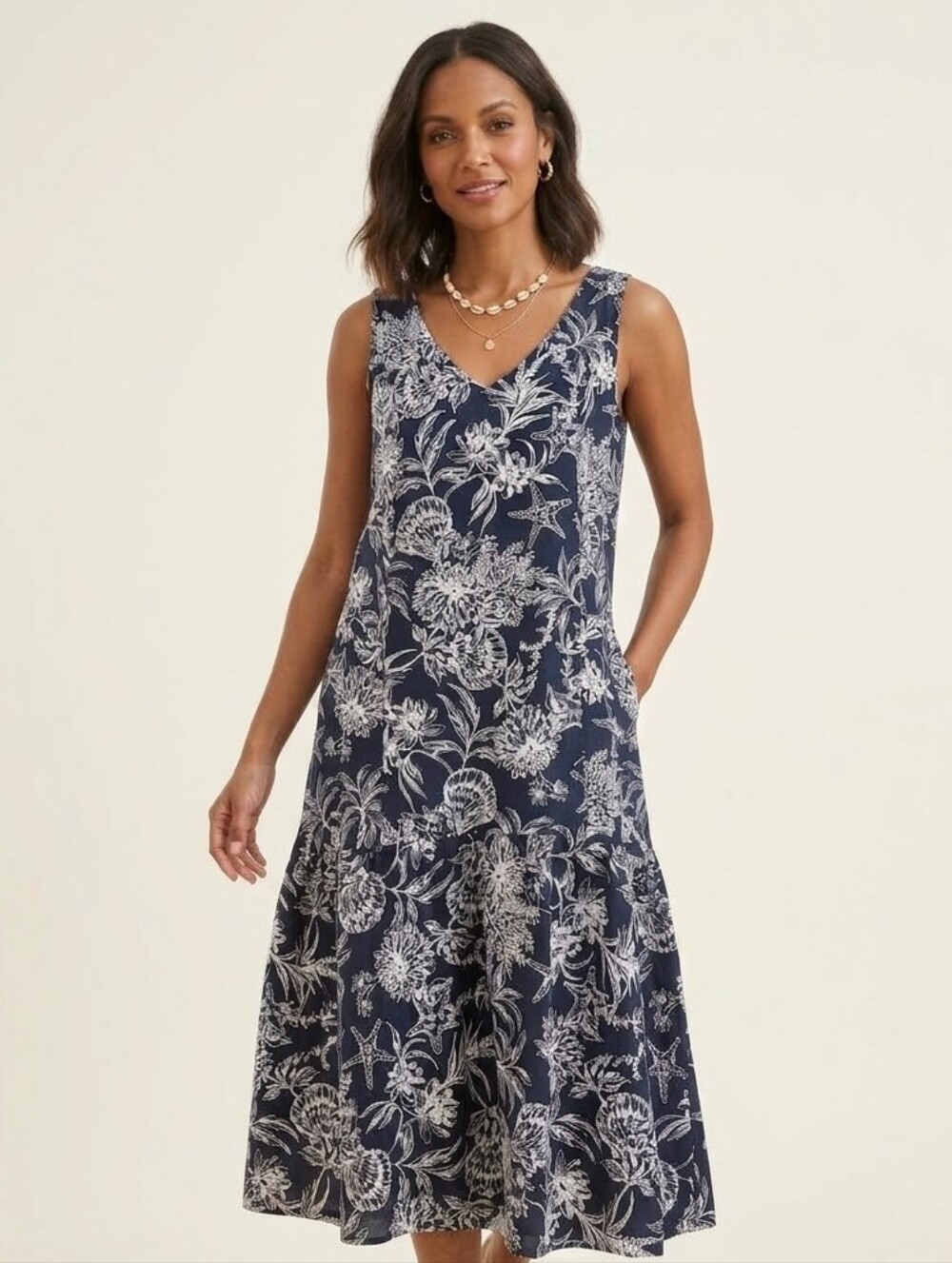 Garnet Hill Navy Blue Coastal Floral Shells Tiered Midi Dress Size S EUC